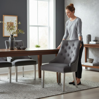 Salle à manger grise Chaise Chesterfield Chaise en textile Luxueux fauteuil une place