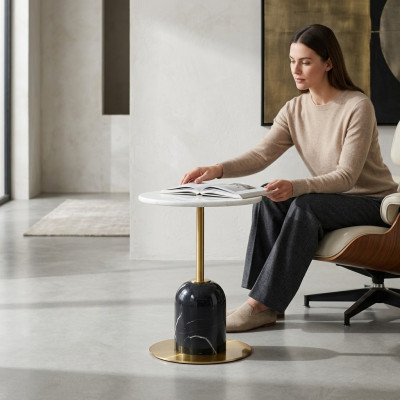 Table d'appoint en métal noir-blanc pour le salon, table de rangement ronde.