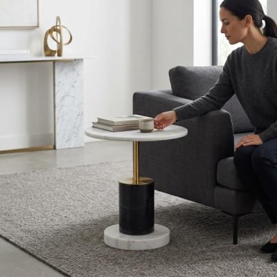 Table d'appoint en imitation marbre blanc de style rond de designer, table de rangement