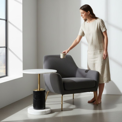 Table d'appoint blanche ronde Salle de séjour Table basse de style Journal Tables de rangement Table