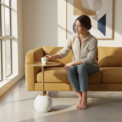 Petite table d'appoint ronde avec étagère, plateaux dorés, design pour salon.