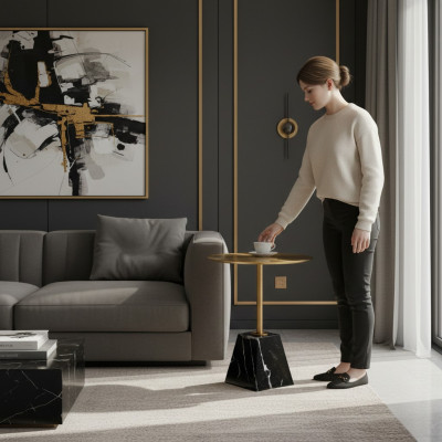 Table basse ronde de luxe en noir, tables d'appoint pour salon haut de gamme, table d'appoint.