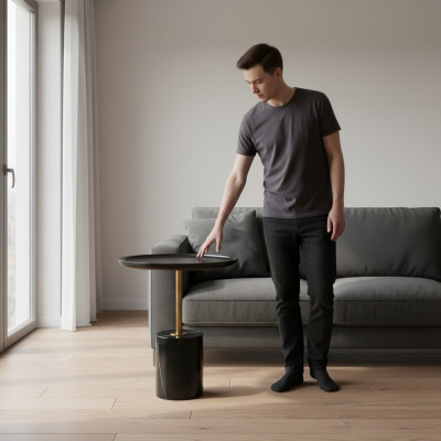 Table d'appoint ronde noire avec base en acier inoxydable, table de rangement design