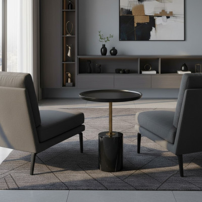 Table d'appoint ronde noire avec base en acier inoxydable, table de rangement design