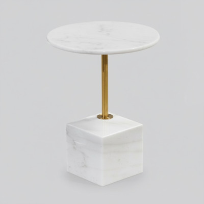 Petite table d'appoint blanche en faux marbre pour le salon. Meubles de rangement.