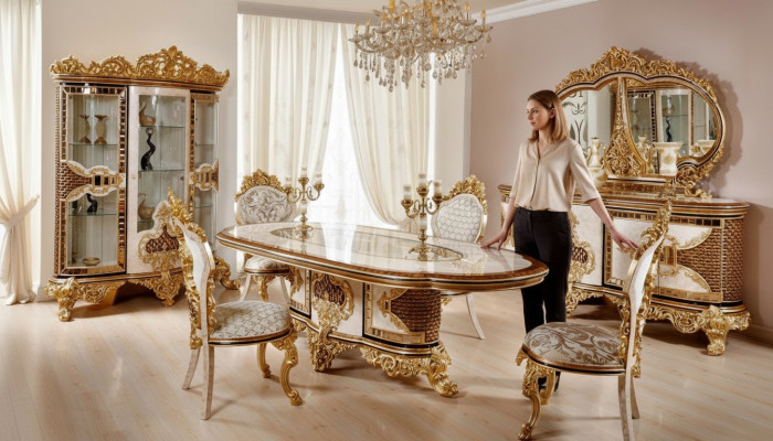 Suite salle à manger classique de luxe blanche Table à manger 6x Chaises Commode