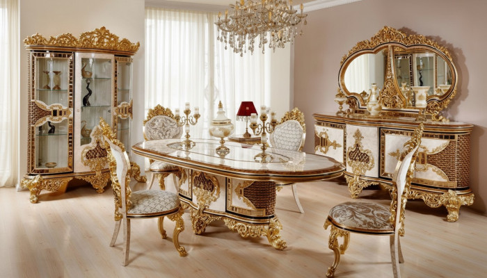 Suite salle à manger classique de luxe blanche Table à manger 6x Chaises Commode