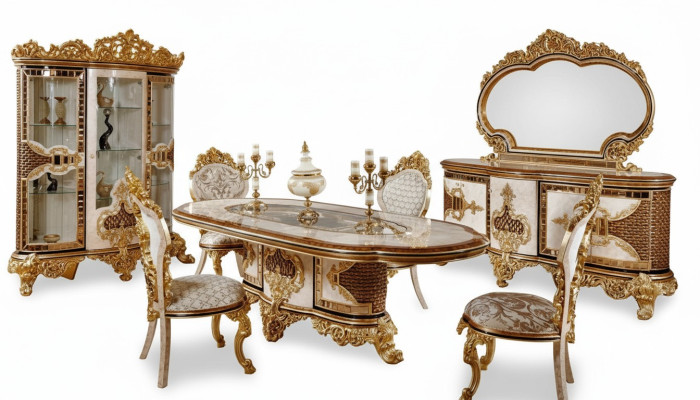 Suite salle à manger classique de luxe blanche Table à manger 6x Chaises Commode