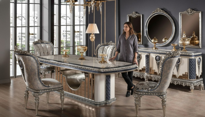 Suite de salle à manger grise Mobilier de salle à manger classique Table à manger Commode nouvelle