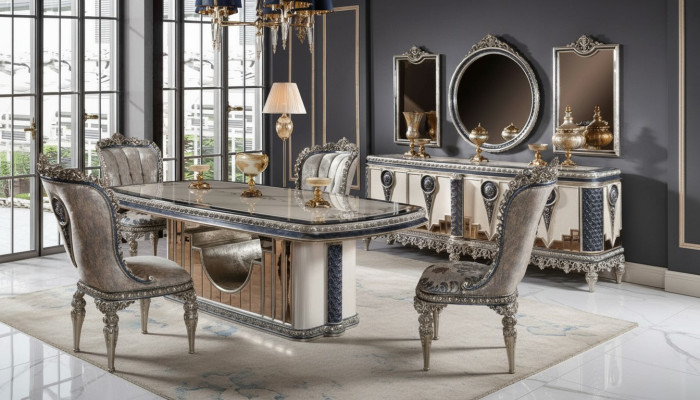 Suite de salle à manger grise Mobilier de salle à manger classique Table à manger Commode nouvelle