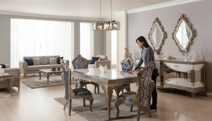 Blanc - Ensemble salle à manger taupe Table de salle à manger Chaises de salle à manger Commode Miroir