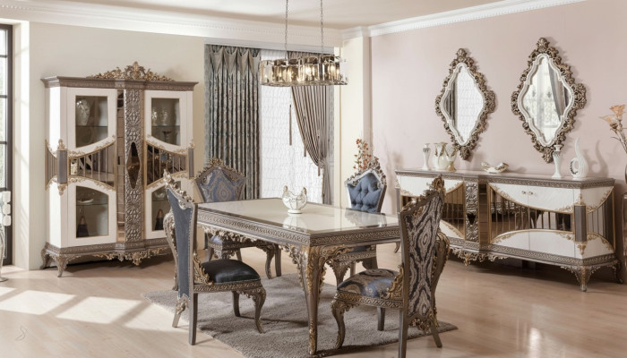 Blanc - Ensemble salle à manger taupe Table de salle à manger Chaises de salle à manger Commode Miroir