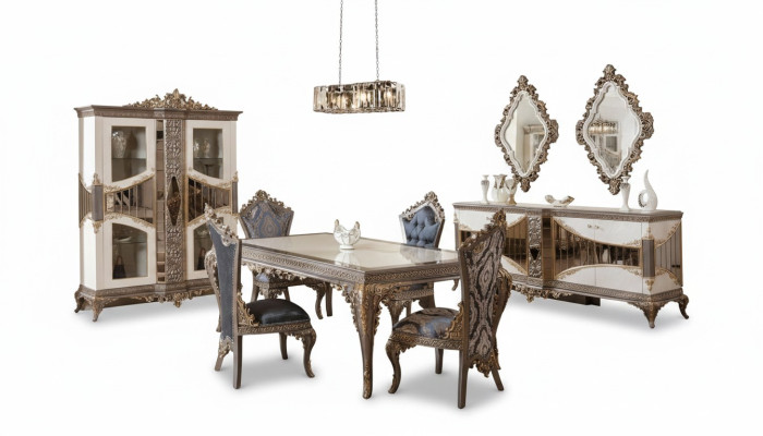 Blanc - Ensemble salle à manger taupe Table de salle à manger Chaises de salle à manger Commode Miroir