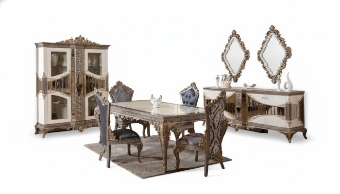 Suite de salle à manger de luxe blanche. Mobilier de salle à manger comprenant table, chaises et miroir.