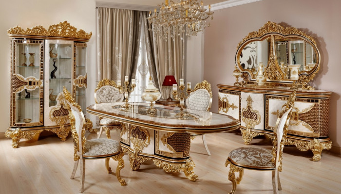 Ensemble de salle à manger luxueux blanc - Table à manger en or 4 chaises Commode 6 pièces Meubles