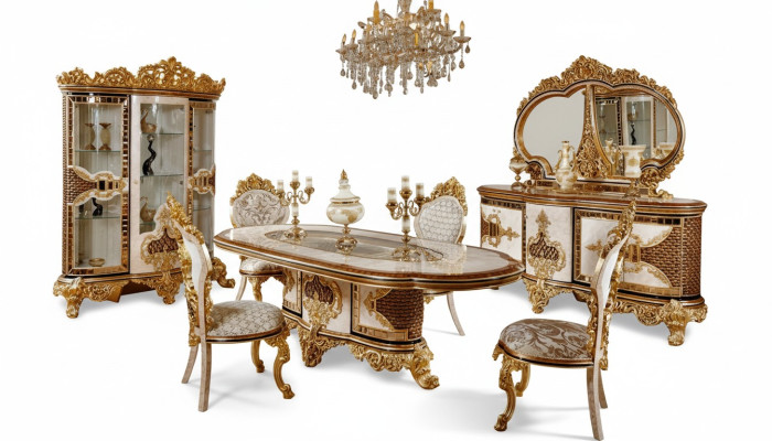 Ensemble de salle à manger luxueux blanc - Table à manger en or 4 chaises Commode 6 pièces Meubles