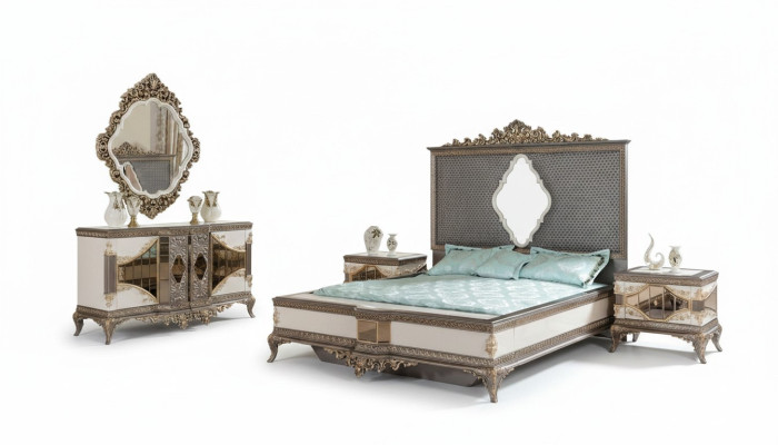 Chambre de luxe classique en gris avec lit double et 2 tables de chevet.