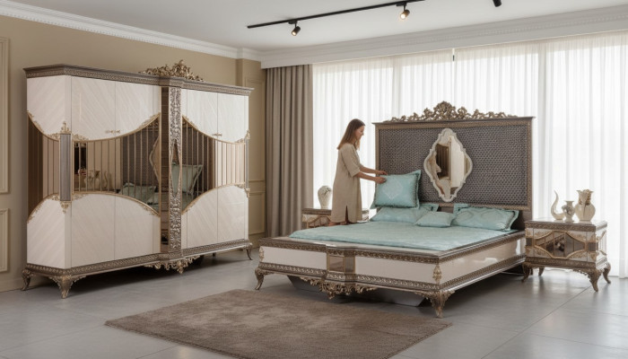 Chambre Suite Blanc - Or Lit double 2x Tables de chevet Ensemble Armoire Lit