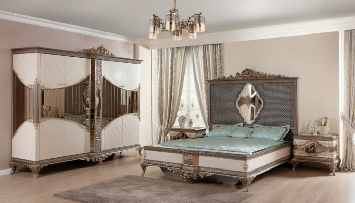 Chambre Suite Blanc - Or Lit double 2x Tables de chevet Ensemble Armoire Lit
