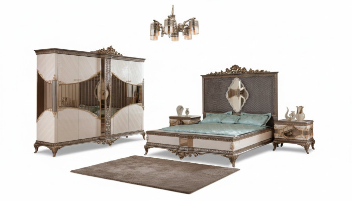 Chambre Suite Blanc - Or Lit double 2x Tables de chevet Ensemble Armoire Lit