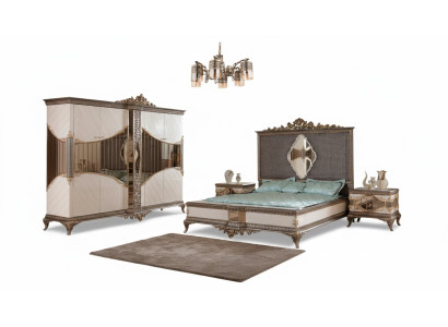 Chambre Suite Blanc - Or Lit double 2x Tables de chevet Ensemble Armoire Lit