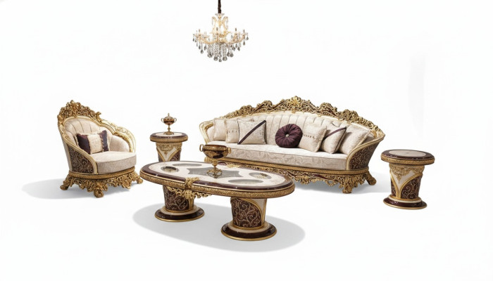 Canapé Chesterfield blanc-doré 3 + 1 place Ensemble de table basse 3 places 3pcs Sofa