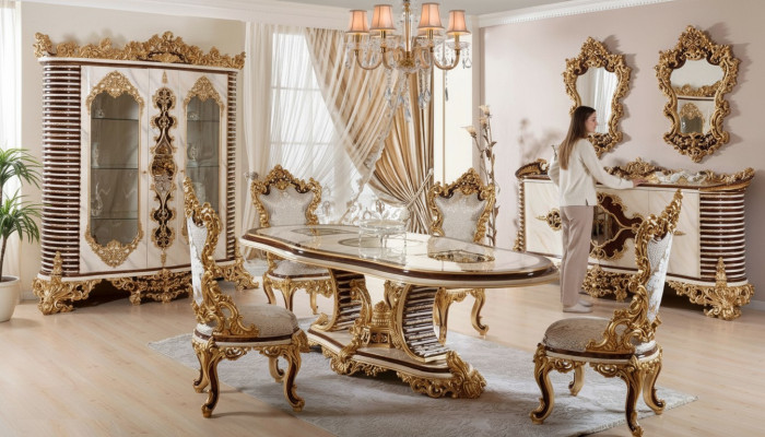 Golden Classic Dining room Suite Dining table 6x Chairs Chest of drawers Mirror  Ensemble de salle à manger classique doré Table à manger 6 chaises Commode Miroir
