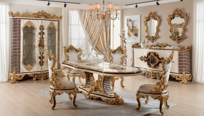 Golden Classic Dining room Suite Dining table 6x Chairs Chest of drawers Mirror  Ensemble de salle à manger classique doré Table à manger 6 chaises Commode Miroir