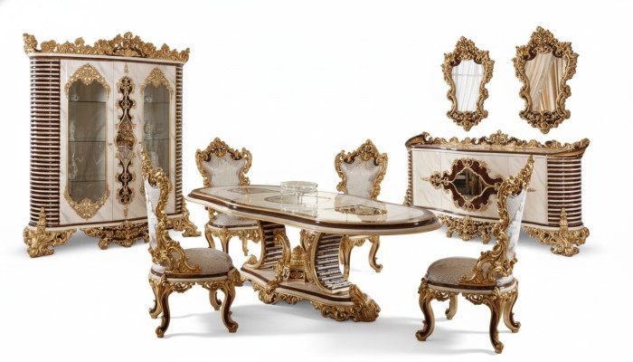 Golden Classic Dining room Suite Dining table 6x Chairs Chest of drawers Mirror  Ensemble de salle à manger classique doré Table à manger 6 chaises Commode Miroir