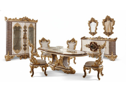 Golden Classic Dining room Suite Dining table 6x Chairs Chest of drawers Mirror  Ensemble de salle à manger classique doré Table à manger 6 chaises Commode Miroir