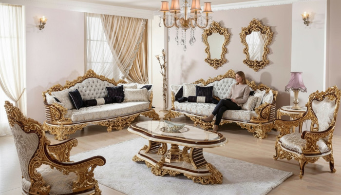 Ensemble canapé Chesterfield Blanc classique 3+3+1 place Table basse 4 pièces