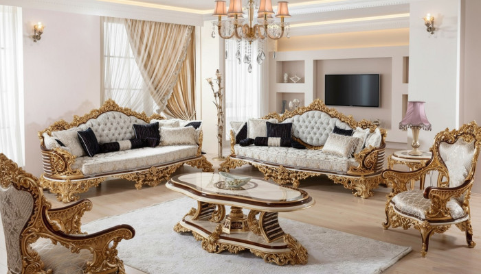 Ensemble canapé Chesterfield Blanc classique 3+3+1 place Table basse 4 pièces