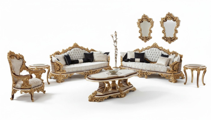 Ensemble canapé Chesterfield Blanc classique 3+3+1 place Table basse 4 pièces