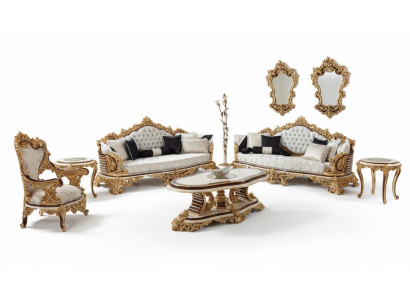 Ensemble canapé Chesterfield Blanc classique 3+3+1 place Table basse 4 pièces