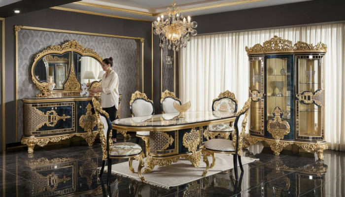 Elégant ensemble de salle à manger classique Table à manger Commode Miroir Chaises