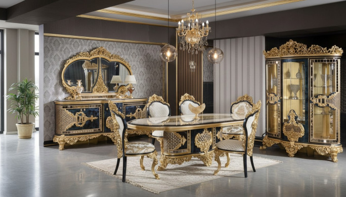 Elégant ensemble de salle à manger classique Table à manger Commode Miroir Chaises