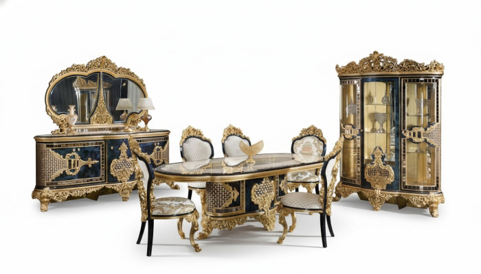 Elégant ensemble de salle à manger classique Table à manger Commode Miroir Chaises