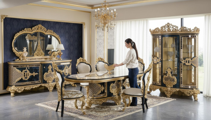 Élégant ensemble salle à manger noir et or, ensemble de luxe, commode, table à manger.