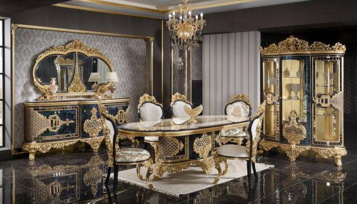 Élégant ensemble salle à manger noir et or, ensemble de luxe, commode, table à manger.