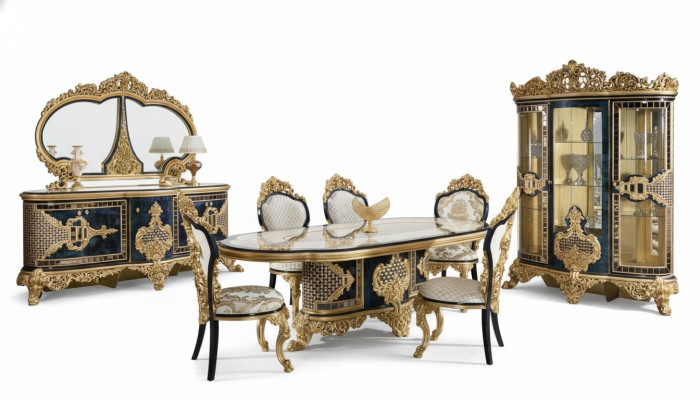 Élégant ensemble salle à manger noir et or, ensemble de luxe, commode, table à manger.