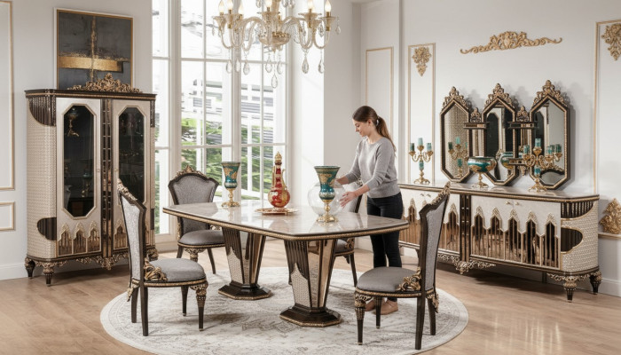 Classique Blanc - Ensemble salle à manger doré Table à manger 6x Chaises Commode