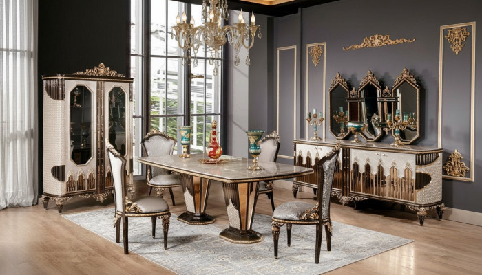 Classique Blanc - Ensemble salle à manger doré Table à manger 6x Chaises Commode