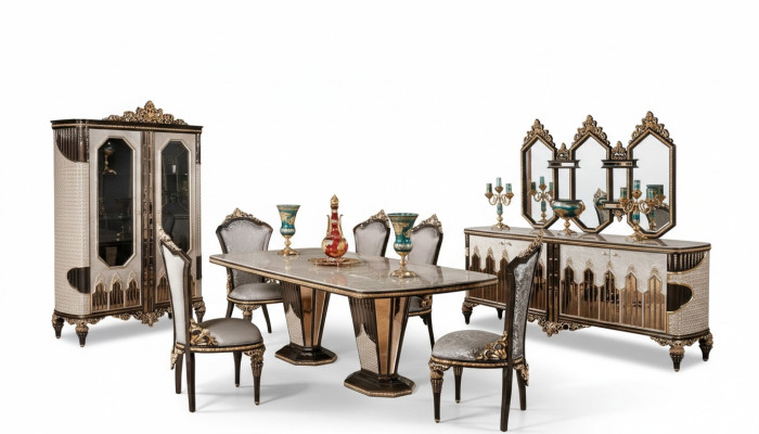 Classique Blanc - Ensemble salle à manger doré Table à manger 6x Chaises Commode