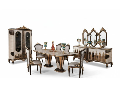 Classique Blanc - Ensemble salle à manger doré Table à manger 6x Chaises Commode