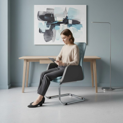 Chaise de bureau moderne rembourrée élégante en textile bleu.