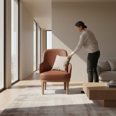 Fauteuil de salon marron conçu par un designer, fauteuil de luxe une place.