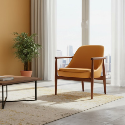 Chaise rembourrée orange avec cadre en bois, designeur, chaise de salle à manger, place assise unique.