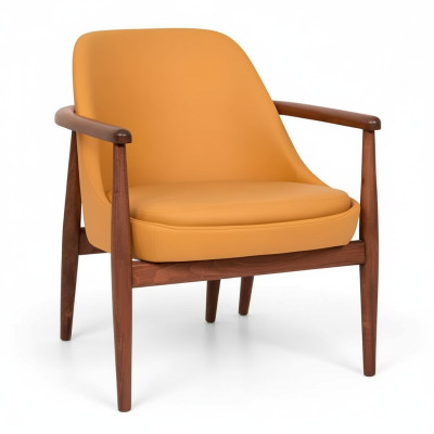 Chaise rembourrée orange avec cadre en bois, designeur, chaise de salle à manger, place assise unique.