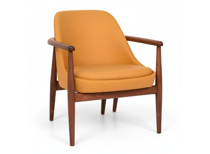 Chaise rembourrée orange avec cadre en bois, designeur, chaise de salle à manger, place assise unique.