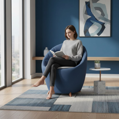 Chaise ronde bleue avec design d'ameublement par un créateur pour une personne pour le salon